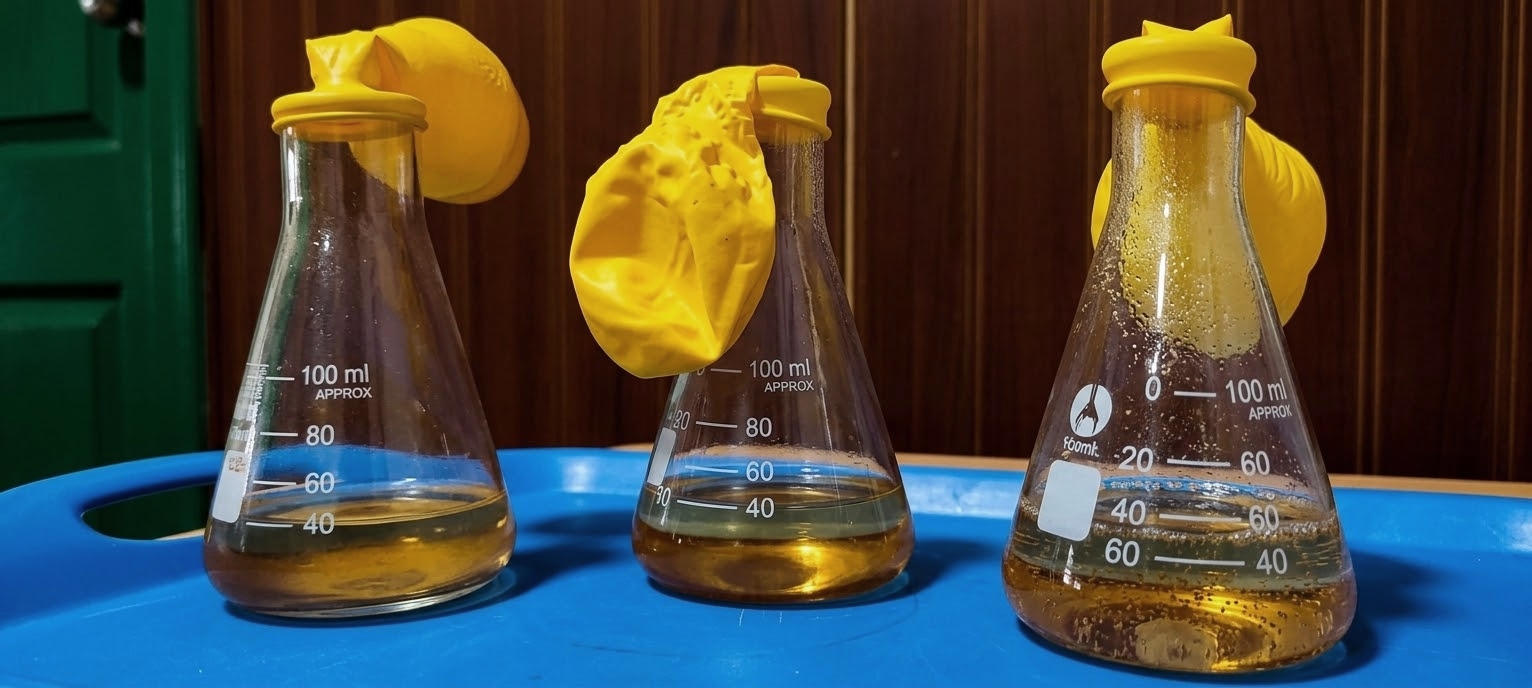 Experimento de ciencias con matraces, globos y vinagre