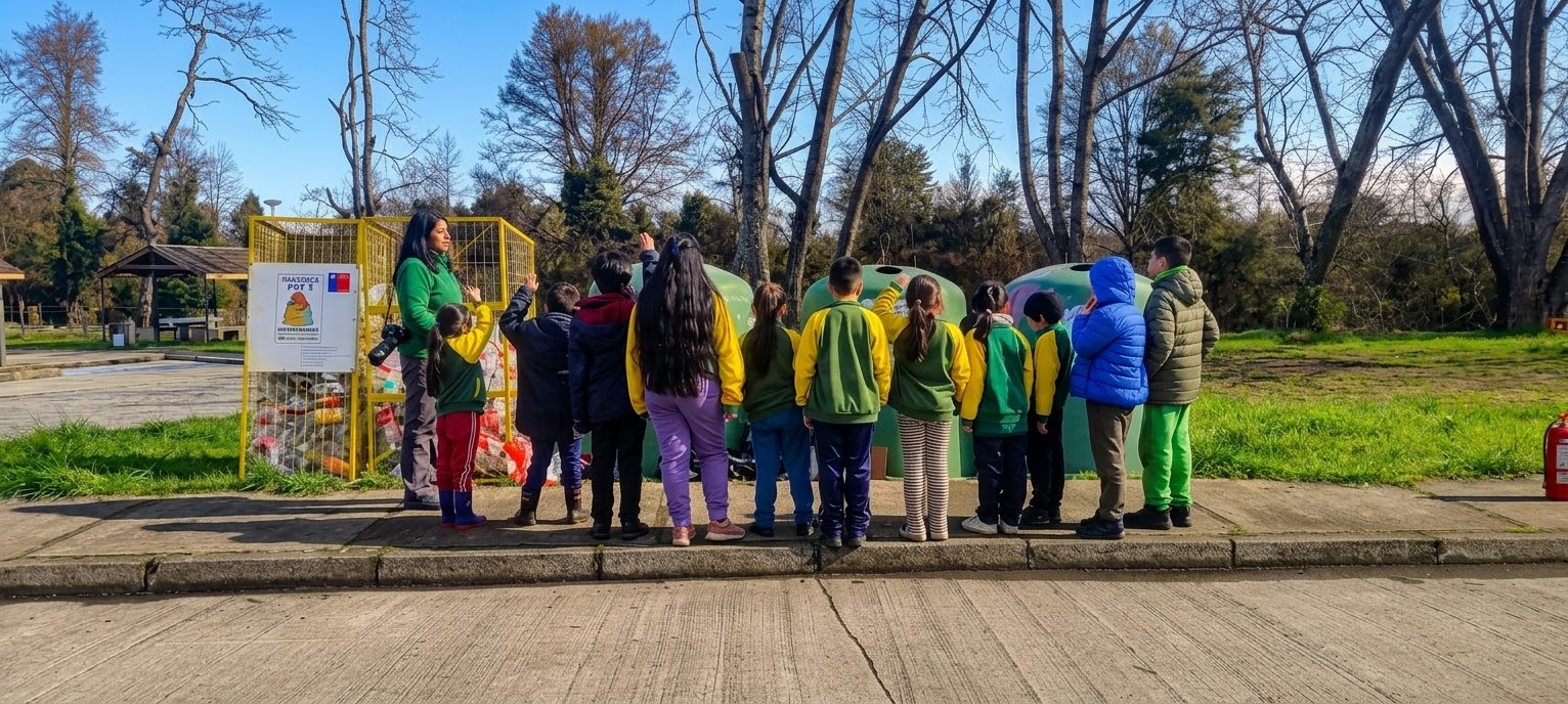 Estudiantes aprendiendo a reciclar durante una salida pedagógica en Máfil