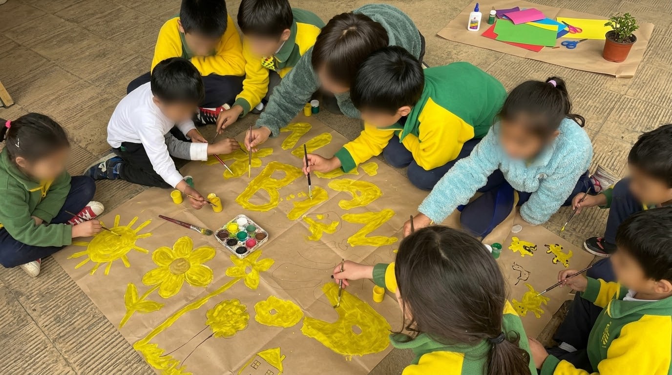 Estudiantes y su profesora pintando con témpera amarilla sobre papel kraft durante una actividad en equipo en el Colegio San Martín de las Lomas