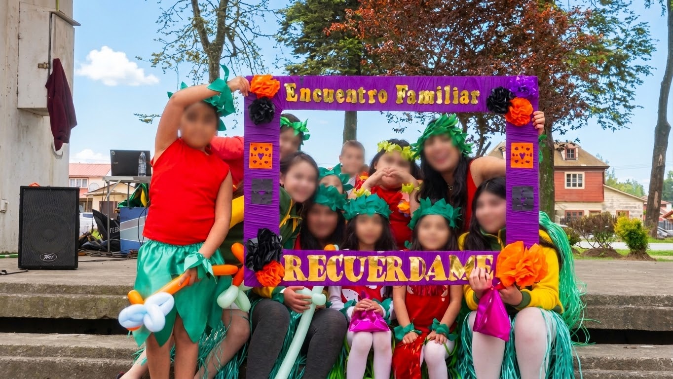 Estudiantes y familias posando con el marco fotográfico del Encuentro Familiar Recuérdame en el Colegio San Martín de las Lomas